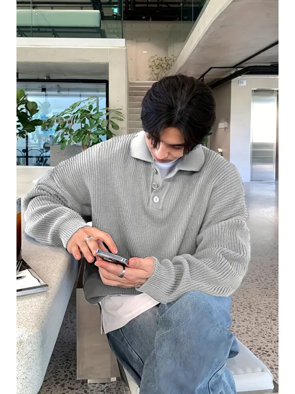 Gri Erkek Düğmeli Regular Polo Yaka Triko Kazak-1