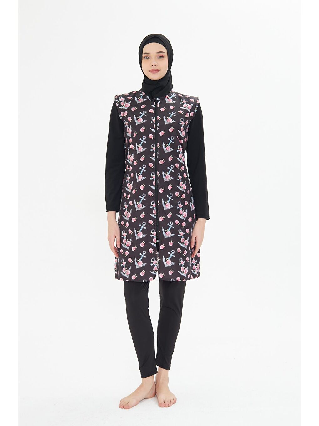 Tam Kapalı Yelekli Desenli Paraşüt Kumaş Tesettür Mayo Siyah 3474-S