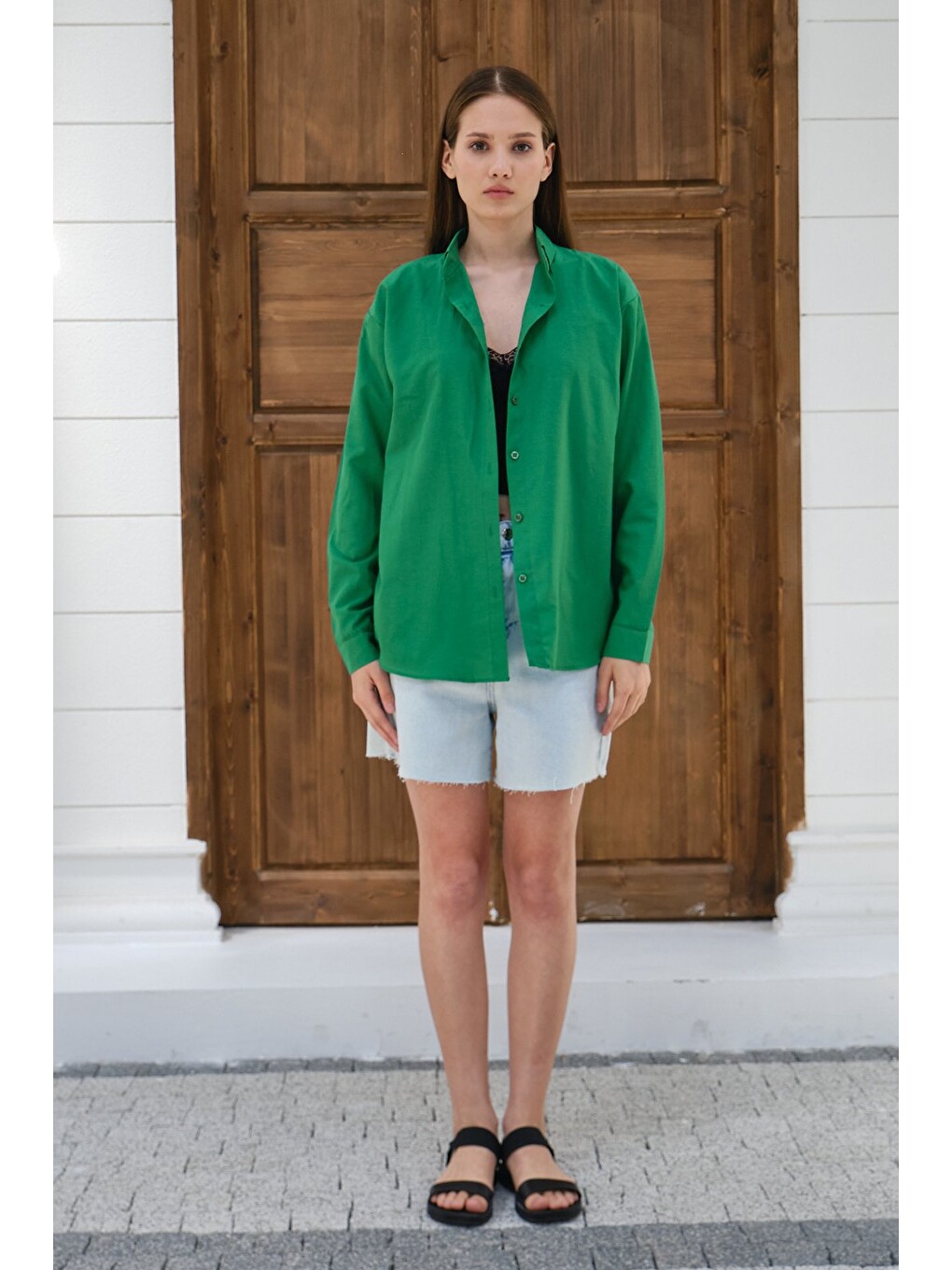 Yeşil Kadın Oversize Gömlek Uzun Kollu Düğmeli Salaş Günlük Basic Gömlek-4