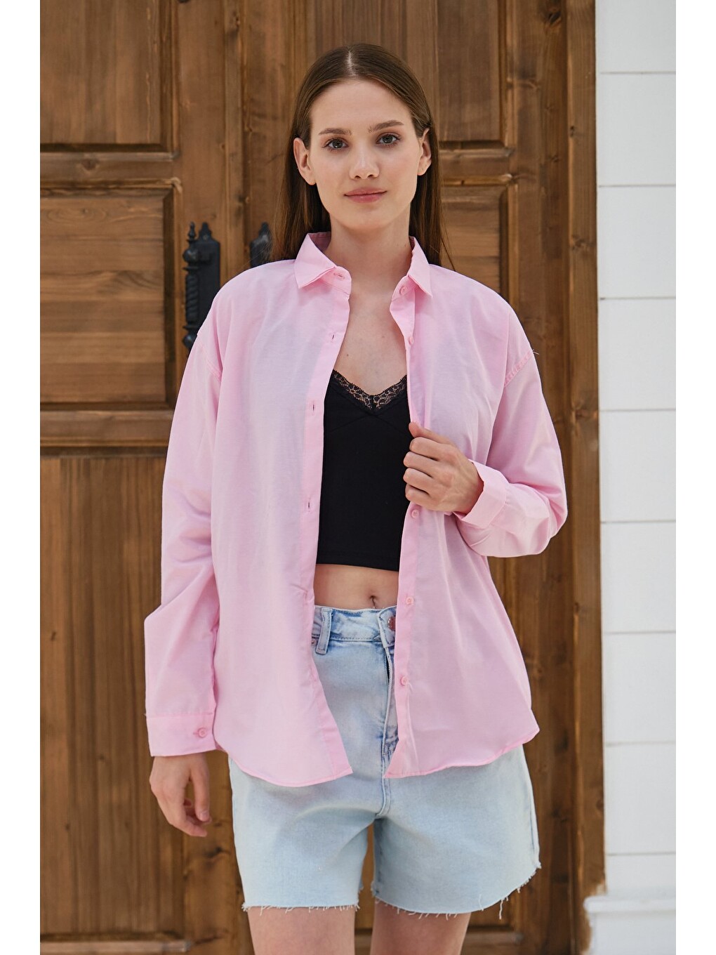Pembe Kadın Oversize Gömlek Uzun Kollu Düğmeli Salaş Günlük Basic Gömlek-5