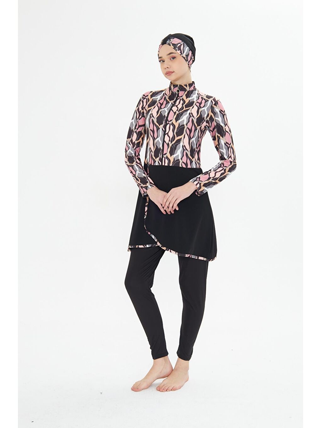 Tam Kapalı Elastanlı Desenli Etekli Tesettür Mayo Siyah 3481-S-6