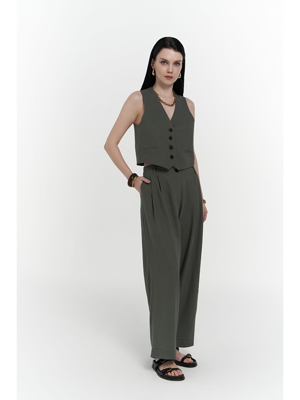 Anka Keten Yeşil Yelek Pantolon Takım-5