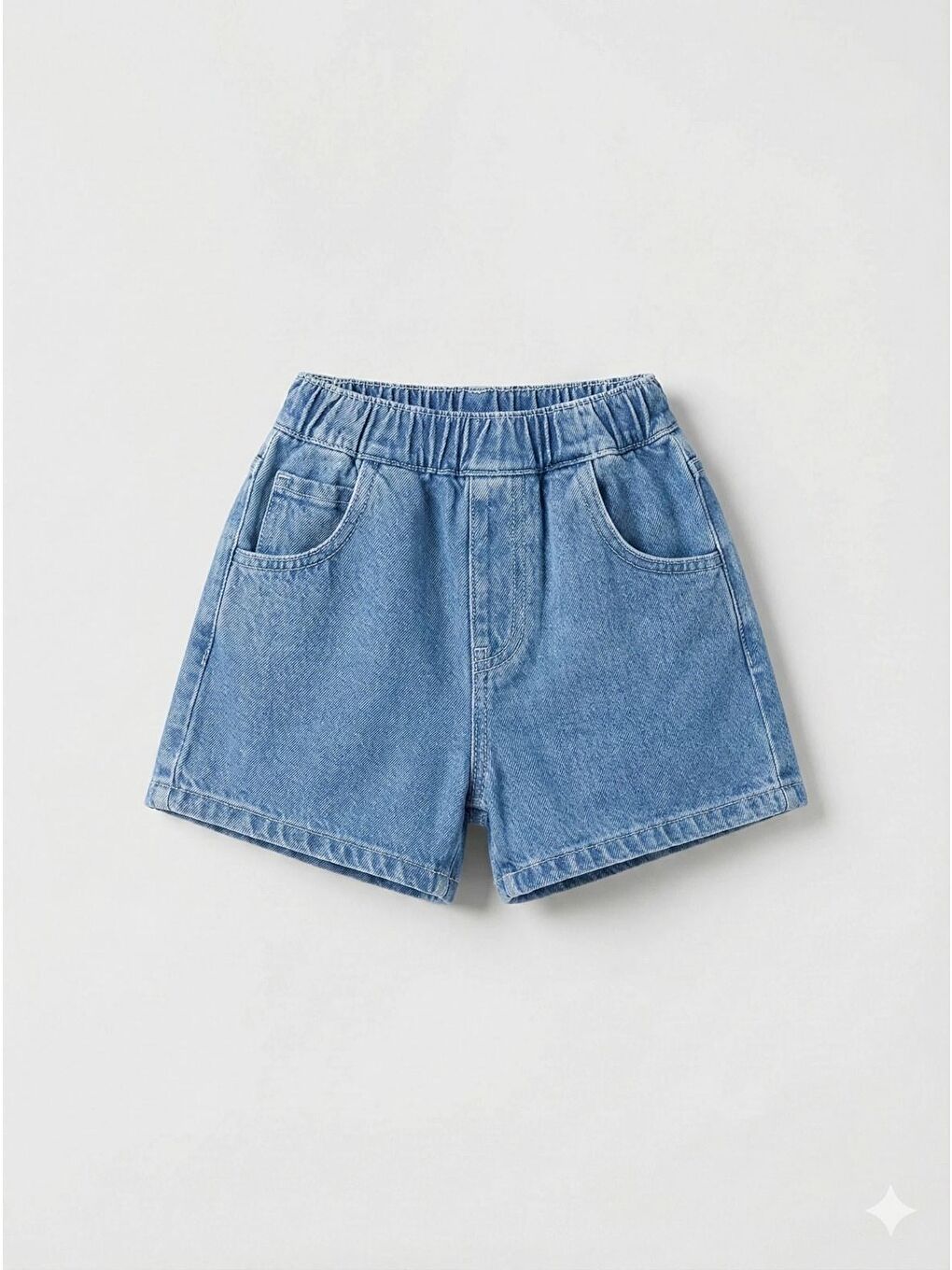 Unisex Çocuk Pamuklu Mavi Jean Şort - Elastik Belli Cepli