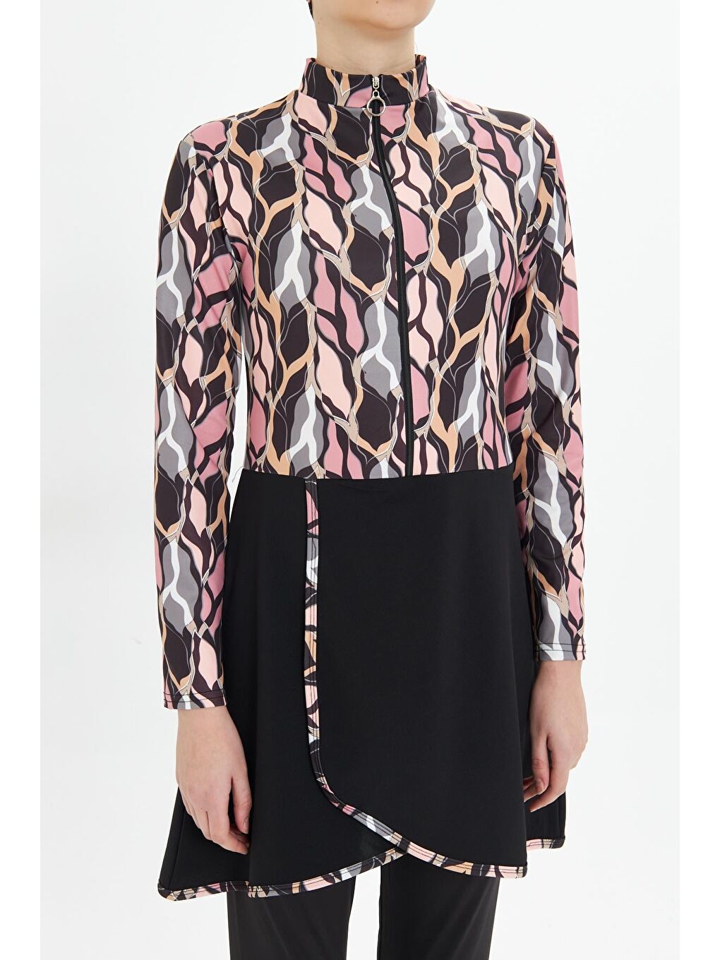 Tam Kapalı Elastanlı Desenli Etekli Tesettür Mayo Siyah 3481-S-7