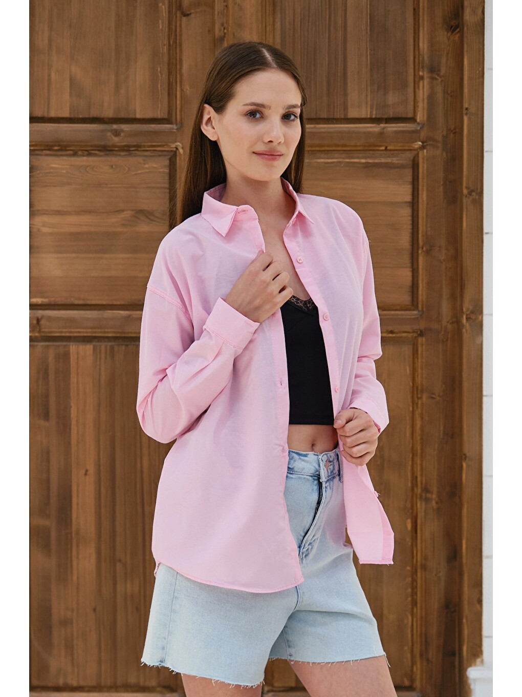 Pembe Kadın Oversize Gömlek Uzun Kollu Düğmeli Salaş Günlük Basic Gömlek-6