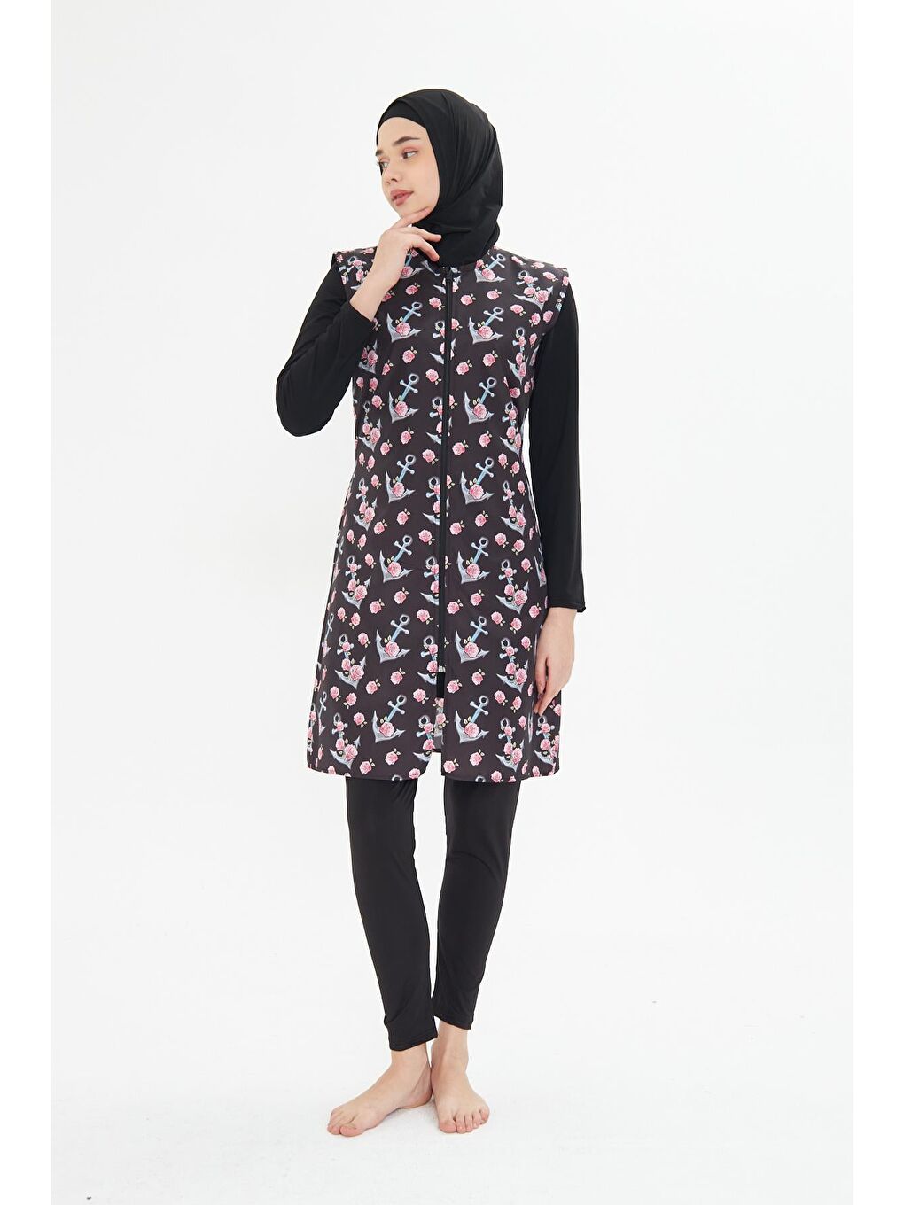 Tam Kapalı Yelekli Desenli Paraşüt Kumaş Tesettür Mayo Siyah 3474-S-1