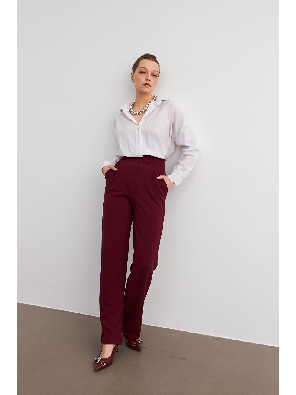 Kadın Bordo Elastanlı  Kapamalı Palazzo Pantolon