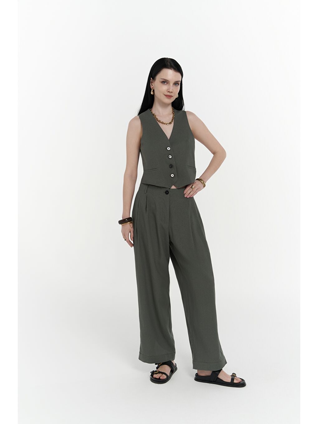 Anka Keten Yeşil Yelek Pantolon Takım-6