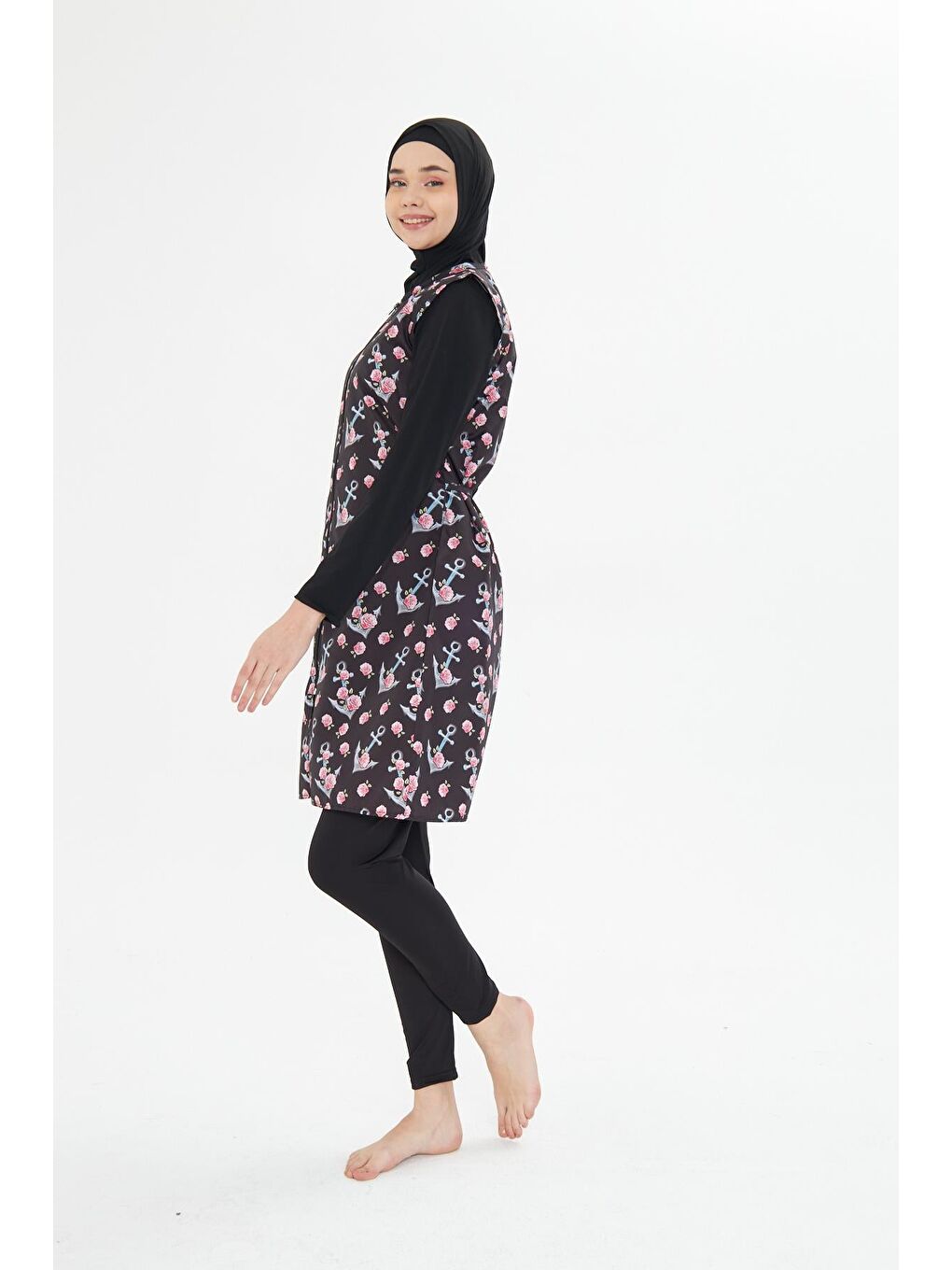 Tam Kapalı Yelekli Desenli Paraşüt Kumaş Tesettür Mayo Siyah 3474-S-2