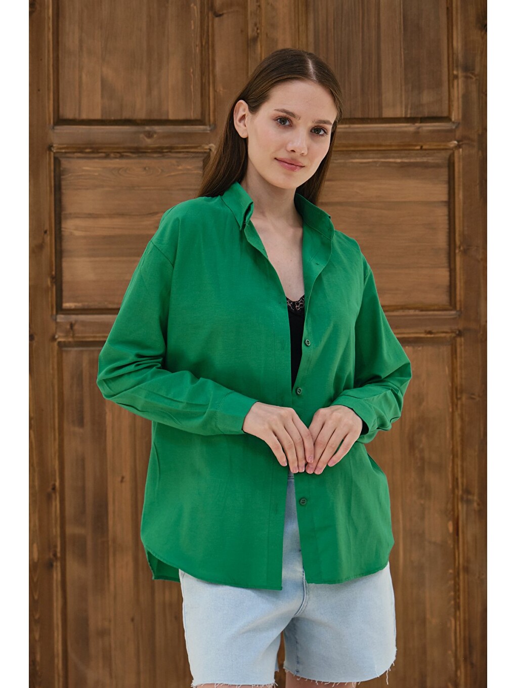 Yeşil Kadın Oversize Gömlek Uzun Kollu Düğmeli Salaş Günlük Basic Gömlek-6
