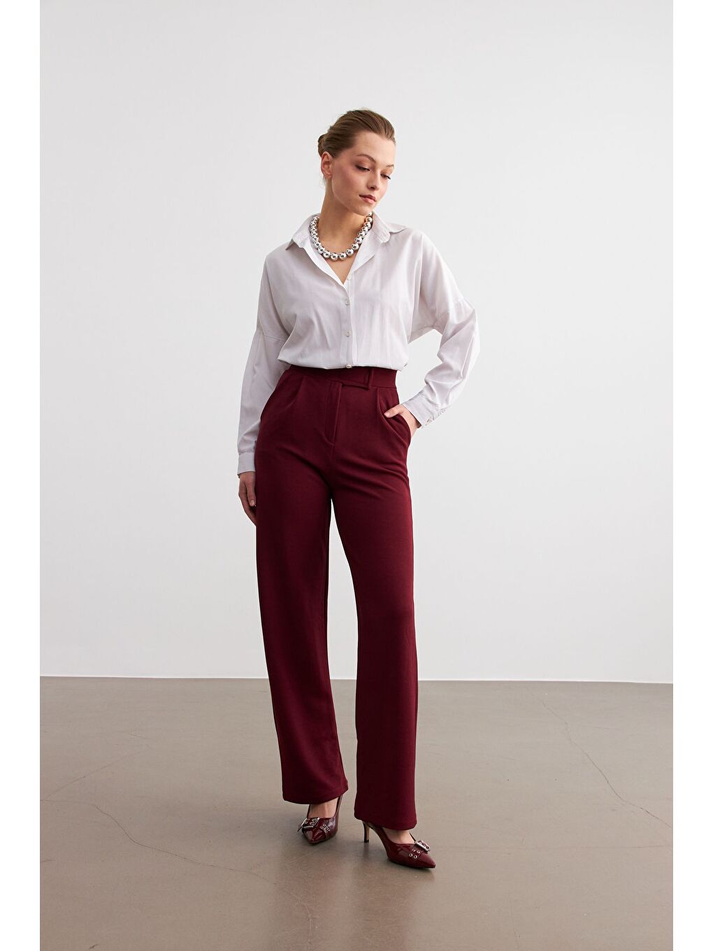 Kadın Bordo Elastanlı  Kapamalı Palazzo Pantolon-2