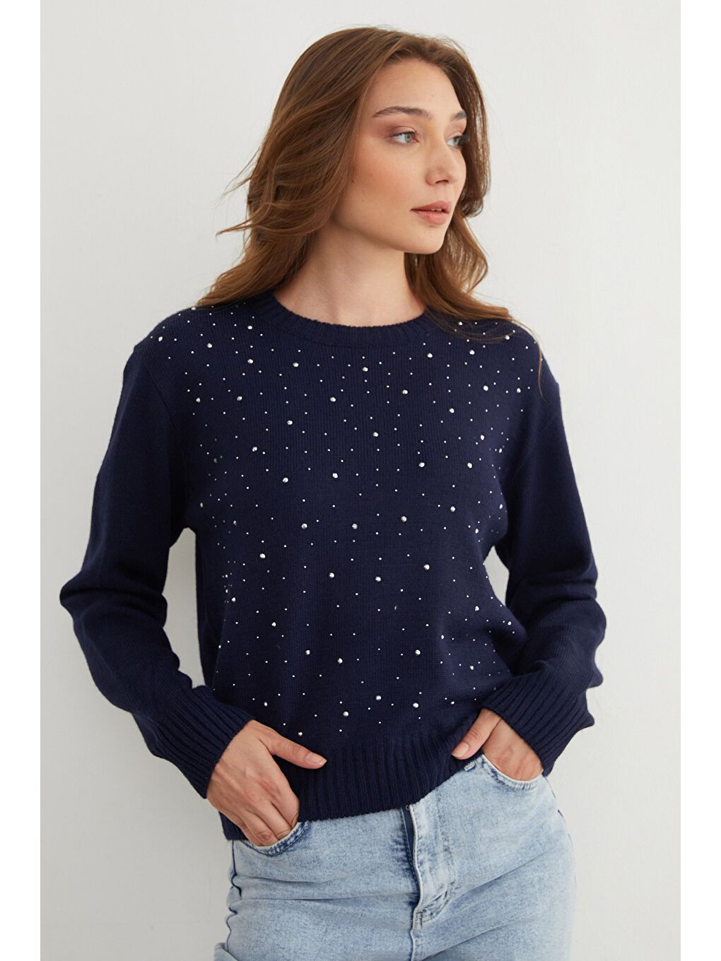 Lacivert Taşlı Bisiklet Yaka Triko Kazak-1