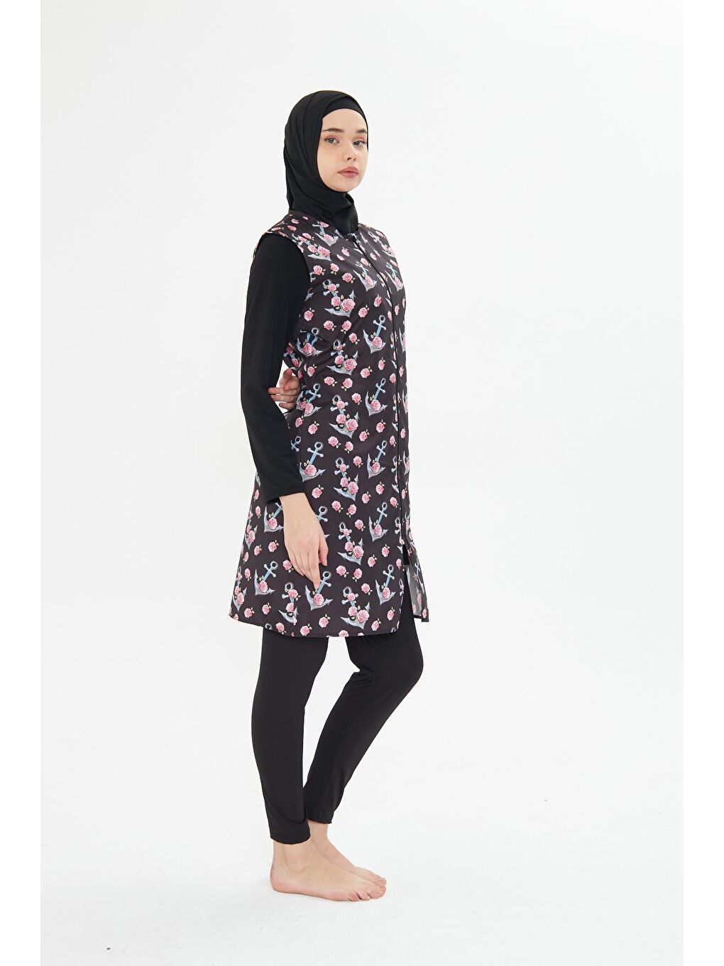 Tam Kapalı Yelekli Desenli Paraşüt Kumaş Tesettür Mayo Siyah 3474-S-3
