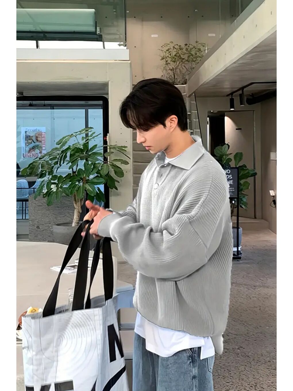 Gri Erkek Düğmeli Regular Polo Yaka Triko Kazak-2