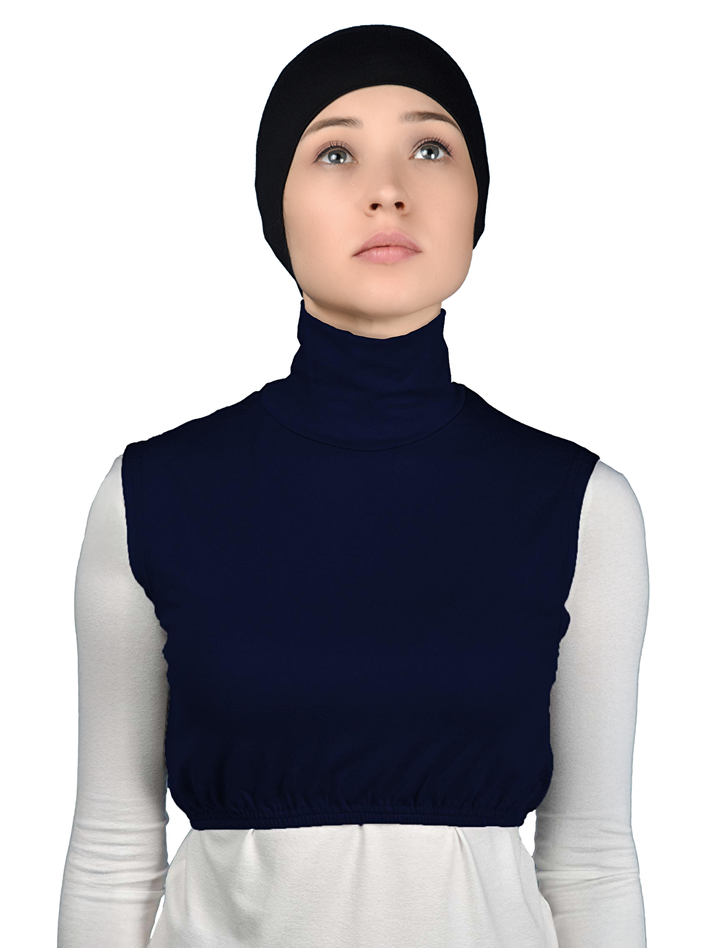 Lacivert Sıfır Kol Balıkçı Yaka Tam Boğazlı Elastanlı Penye Kadın Yarım Body-1