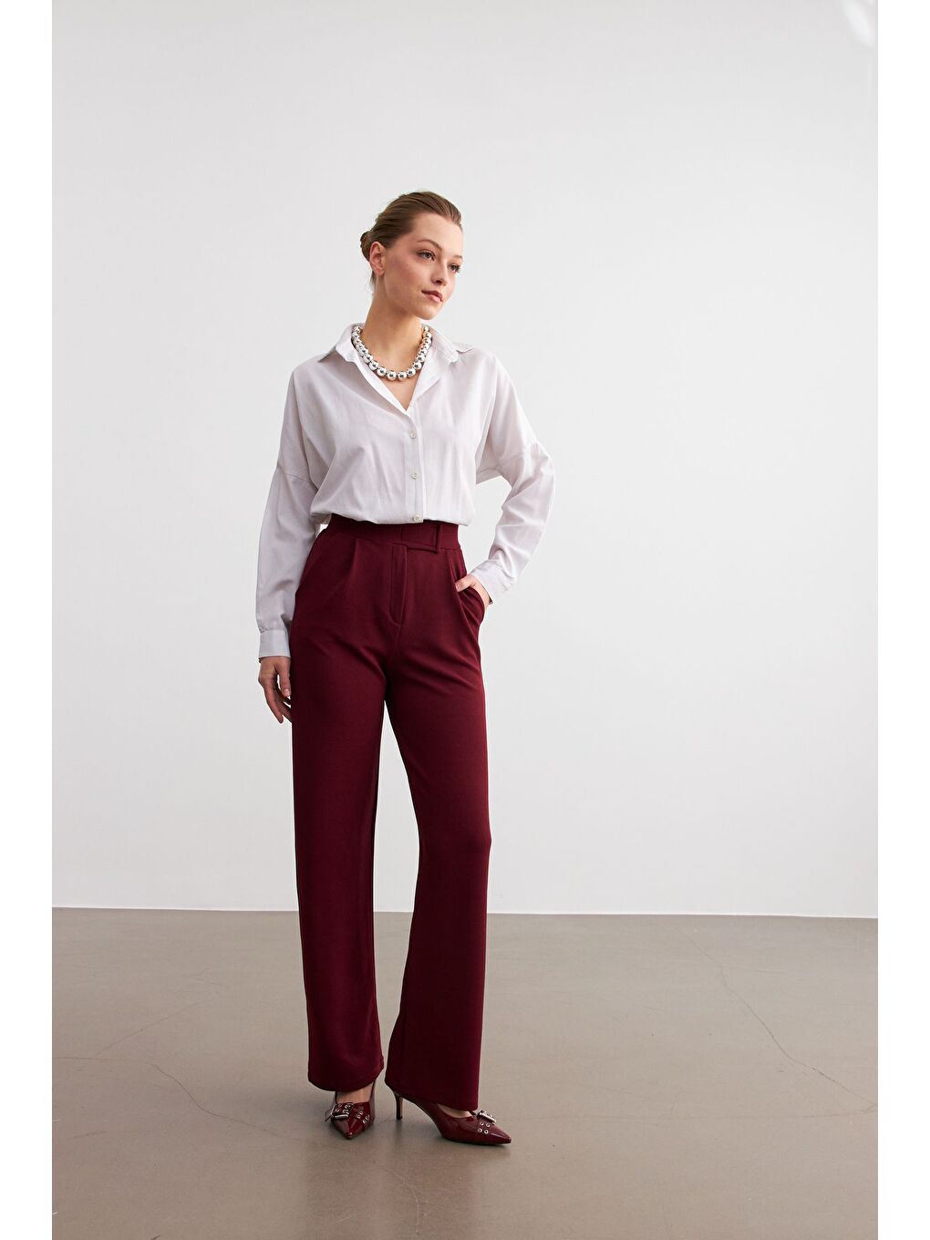 Kadın Bordo Elastanlı  Kapamalı Palazzo Pantolon-3