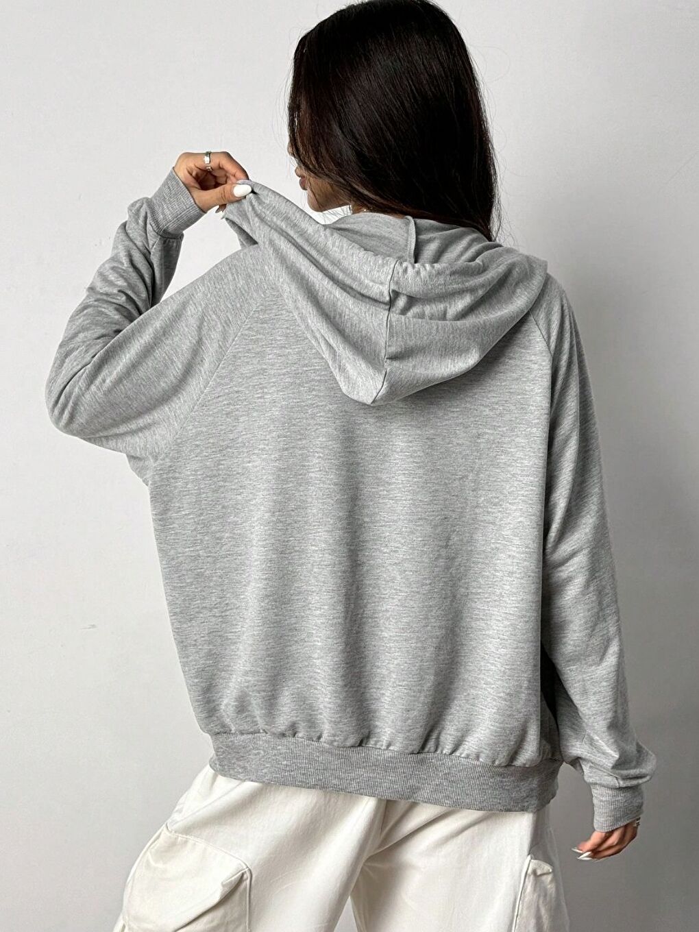 Kadın Gri Fermuarlı Rahat Kalıp Hırka Sweat-1