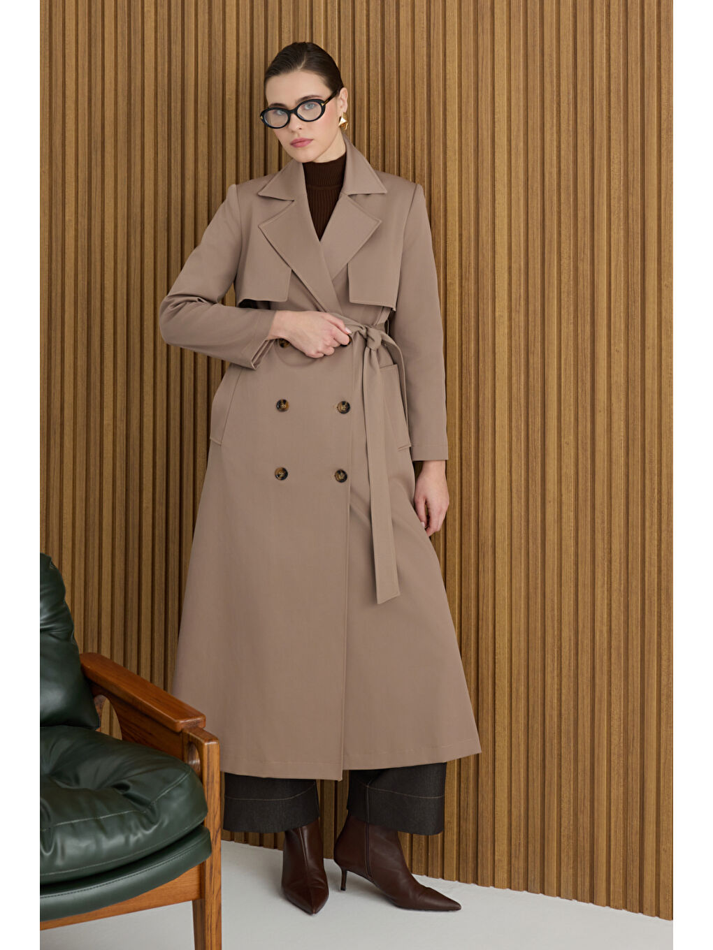 Bej Vizon Rüzgarlık Detaylı Trençkot-1