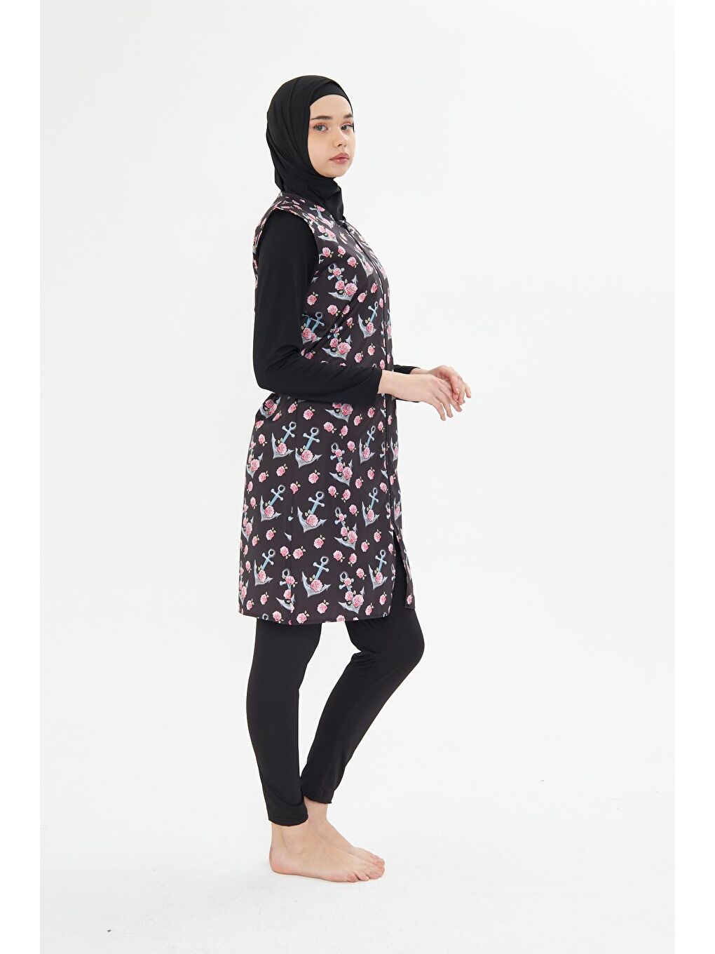 Tam Kapalı Yelekli Desenli Paraşüt Kumaş Tesettür Mayo Siyah 3474-S-4