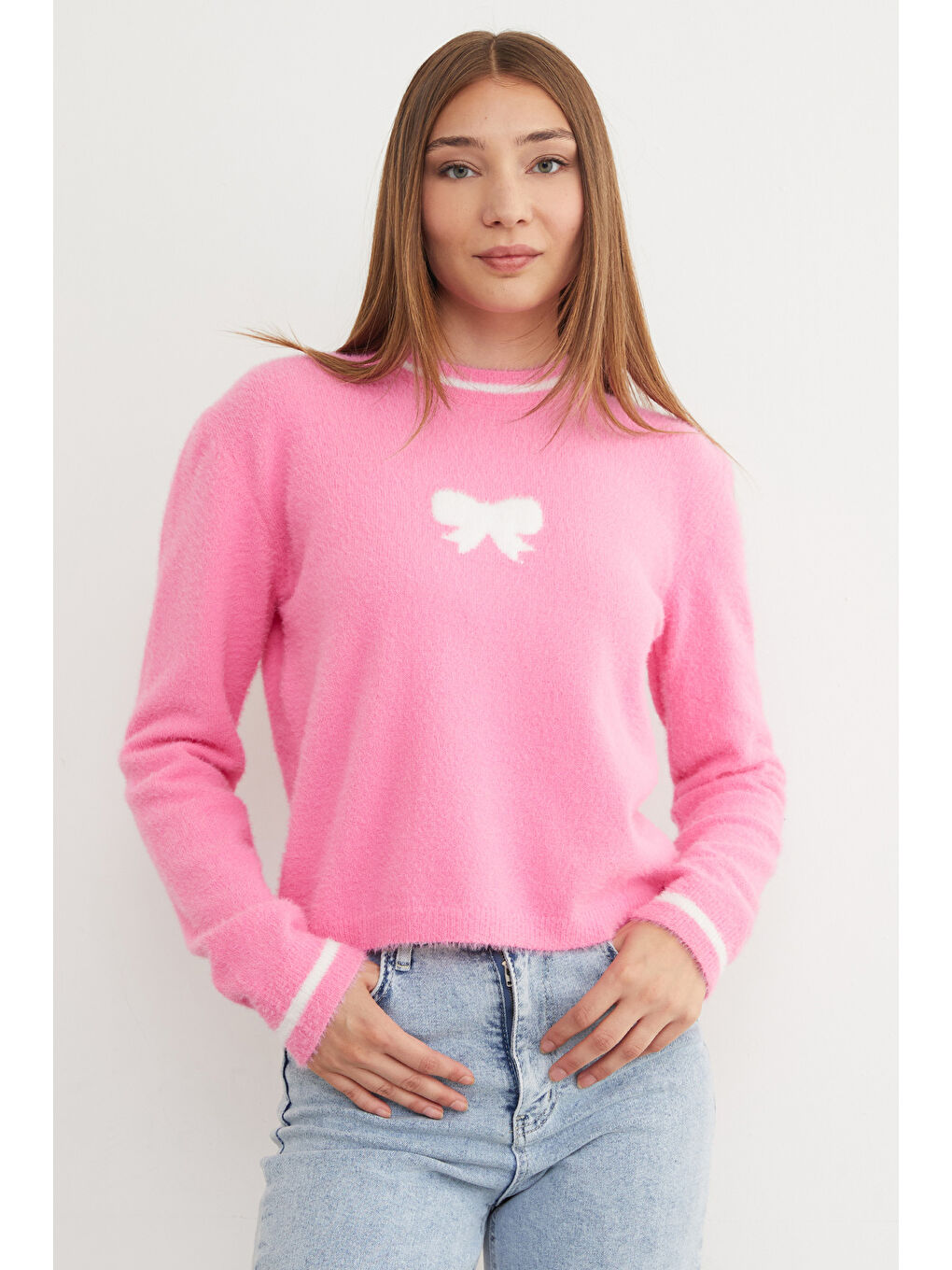 Pembe Kurdele Desenli Bisiklet Yaka Sakallı Kazak-1