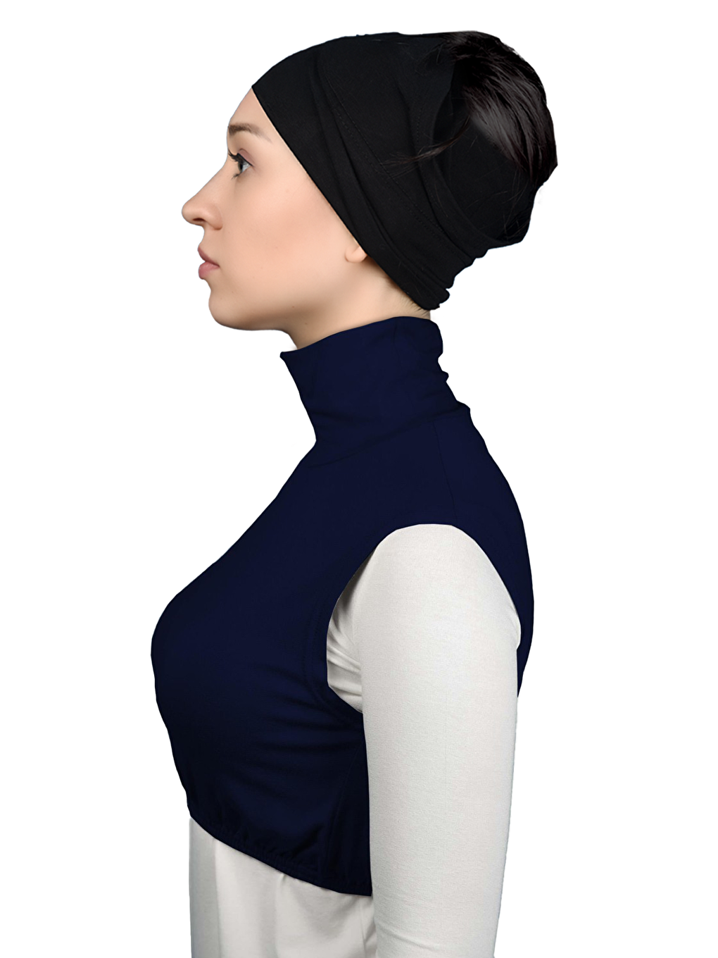 Lacivert Sıfır Kol Balıkçı Yaka Tam Boğazlı Elastanlı Penye Kadın Yarım Body-2