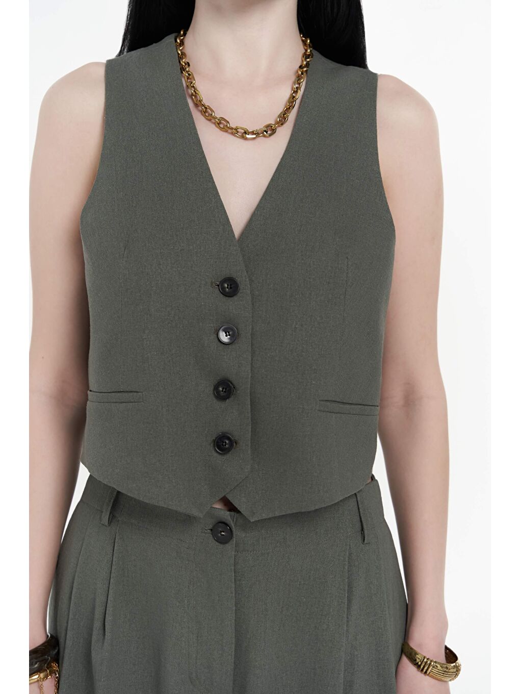 Anka Keten Yeşil Yelek Pantolon Takım-7