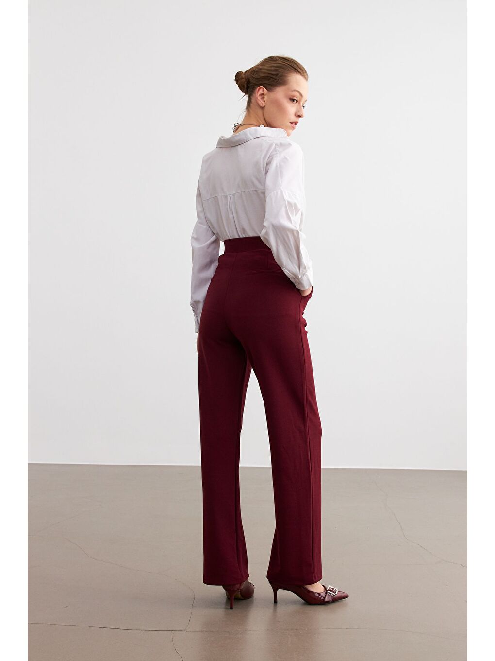Kadın Bordo Elastanlı  Kapamalı Palazzo Pantolon-5