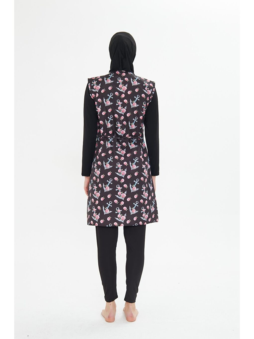 Tam Kapalı Yelekli Desenli Paraşüt Kumaş Tesettür Mayo Siyah 3474-S-5