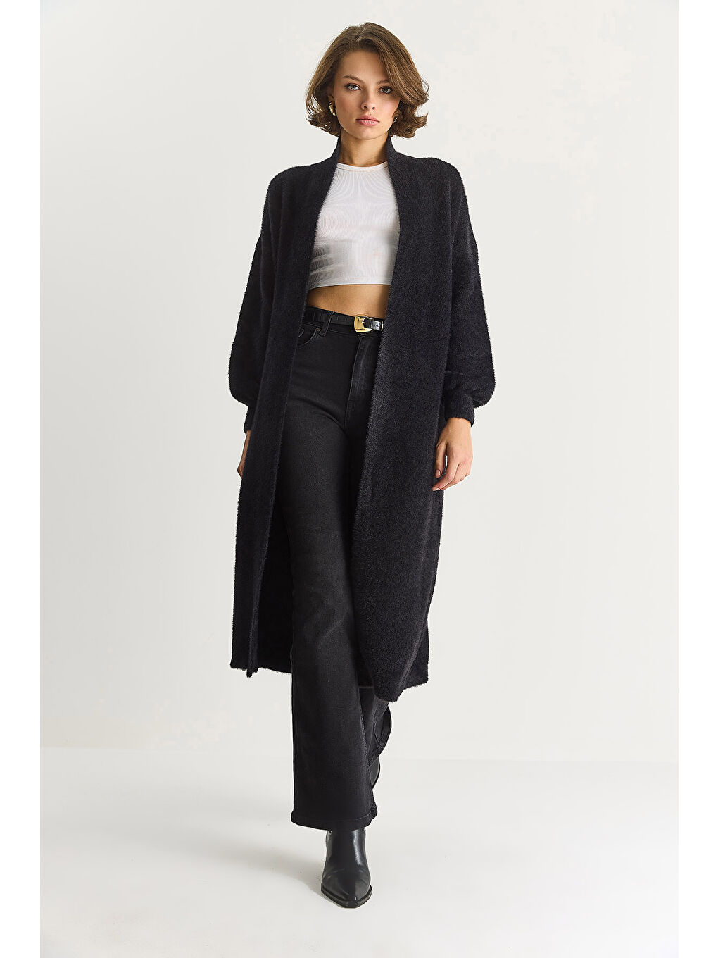 Siyah Kadın Şal Yaka Yumuşak Dokulu Sakallı Uzun Triko Yumoş Hırka TH-5