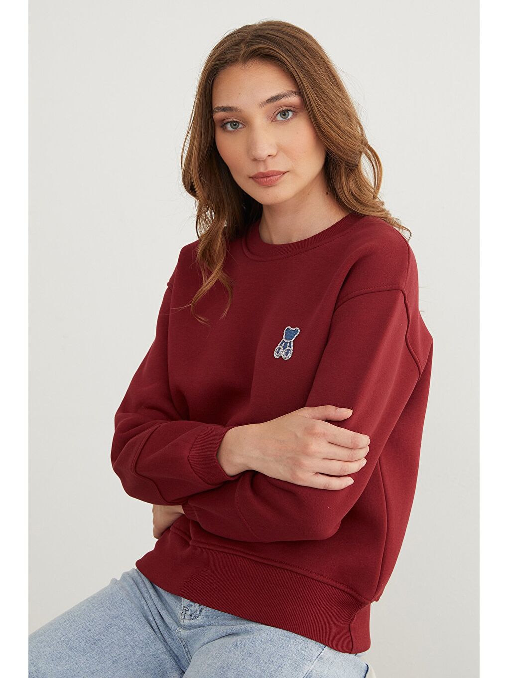 Bordo 3 İplik Taş İşlemeli Ayıcık Nakışlı Sweatshirt-4