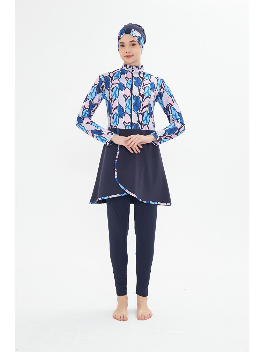 Tam Kapalı Elastanlı Desenli Etekli Tesettür Mayo Lacivert 3481-L