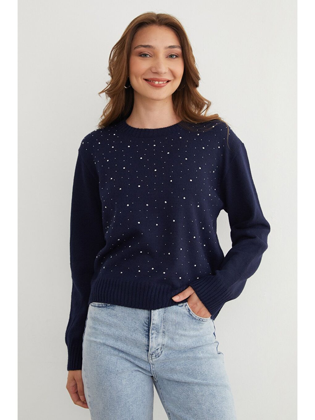 Lacivert Taşlı Bisiklet Yaka Triko Kazak-2