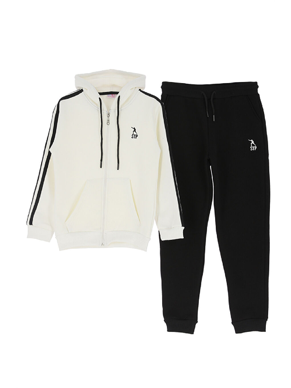 Beyaz Kız Çocuk 3 İplik-Fermuarlı-Kapüşonlu-Kanguru Cepli Eşofman Takımı 12-16 Yaş 12376