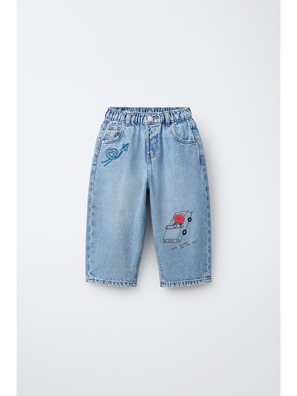 Çocuk Pamuklu Açık Mavi Baskılı Jean Pantolon - Lastikli Bel