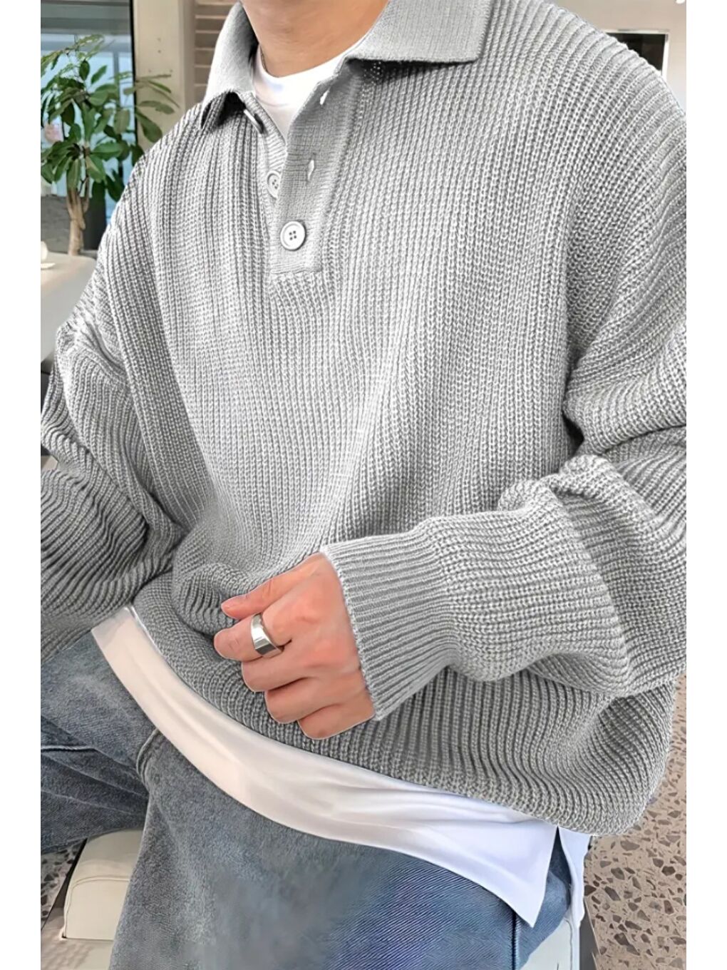 Gri Erkek Düğmeli Regular Polo Yaka Triko Kazak-3