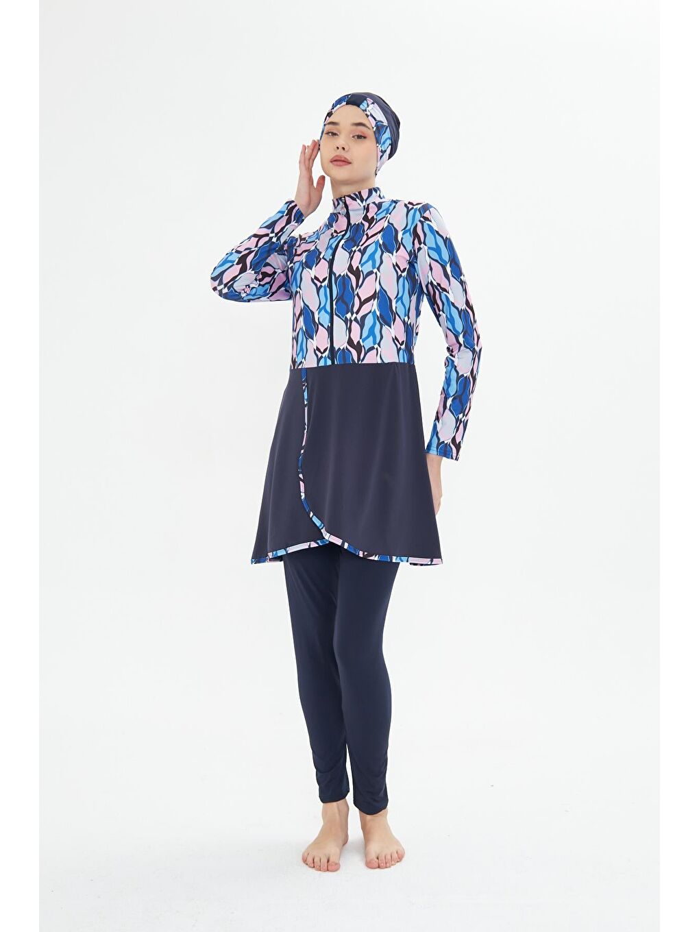 Tam Kapalı Elastanlı Desenli Etekli Tesettür Mayo Lacivert 3481-L-2