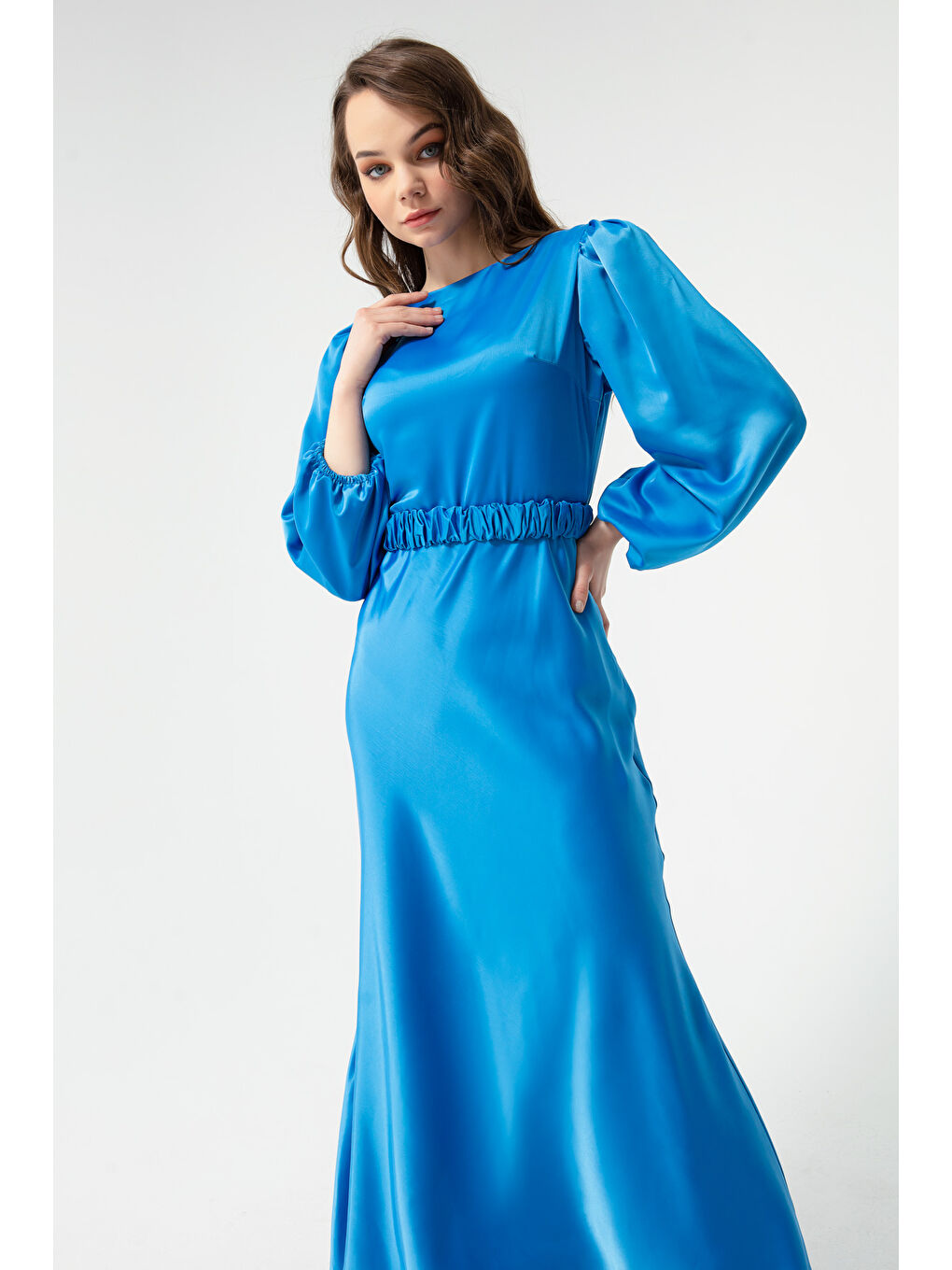 Kadın İndigo Uzun Balon Kollu Nişan Elbisesi-1