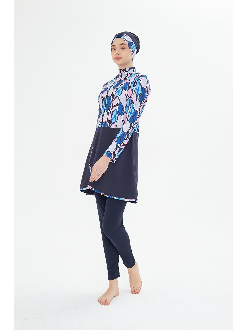 Tam Kapalı Elastanlı Desenli Etekli Tesettür Mayo Lacivert 3481-L-3