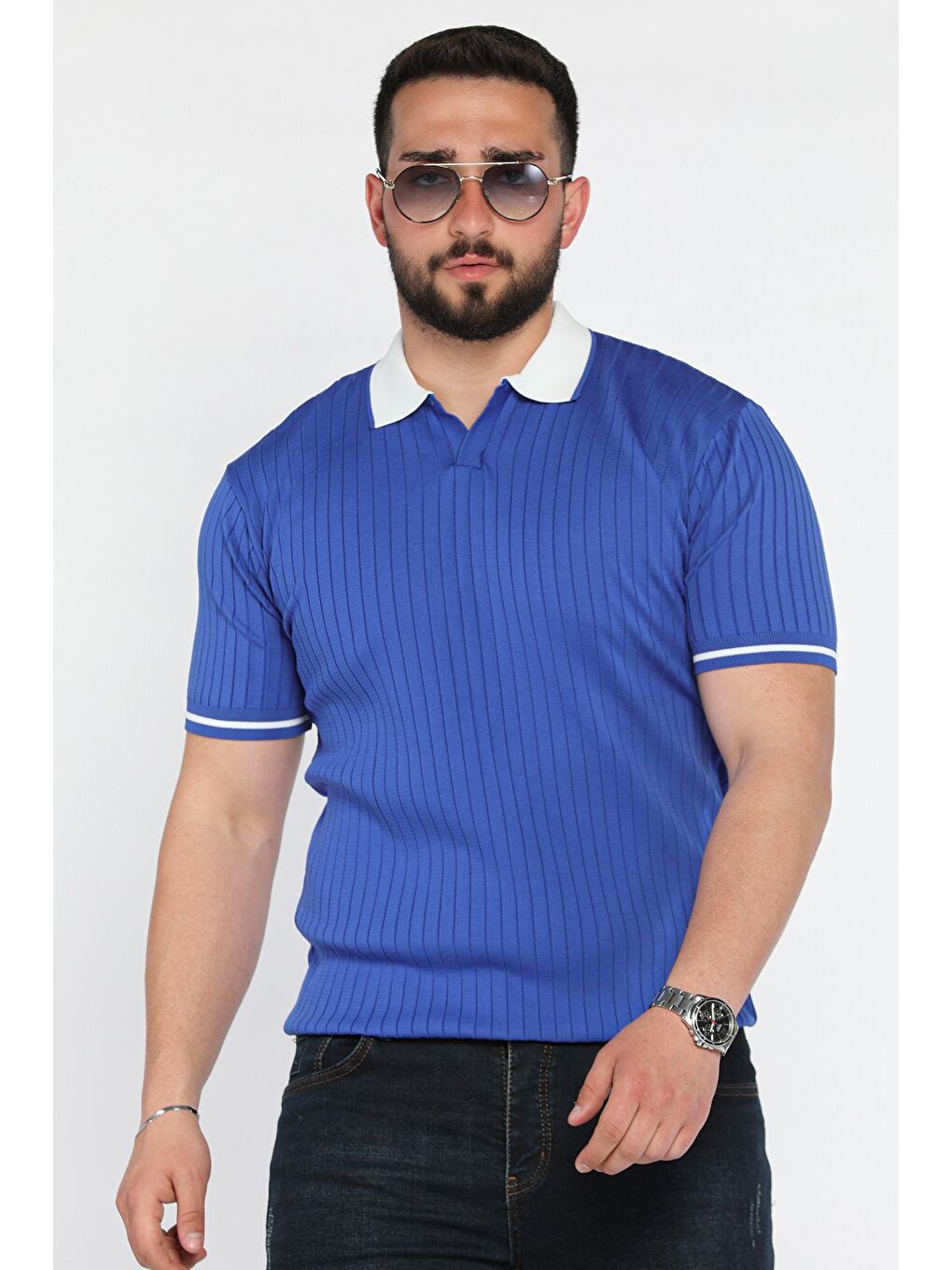 Mavi Erkek Polo Yaka Kendinden Çizgi Desenli Triko Tişört