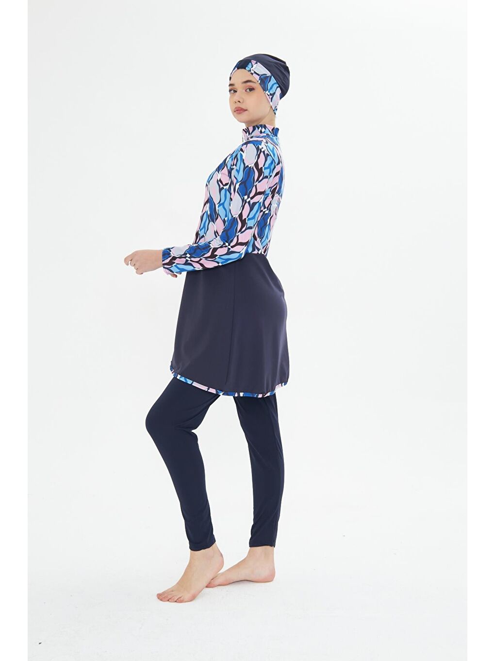 Tam Kapalı Elastanlı Desenli Etekli Tesettür Mayo Lacivert 3481-L-4