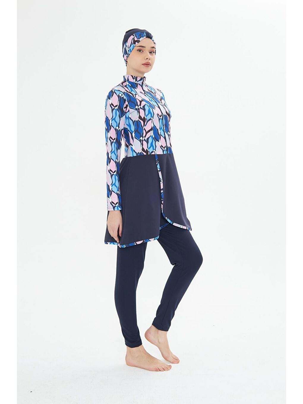 Tam Kapalı Elastanlı Desenli Etekli Tesettür Mayo Lacivert 3481-L-5