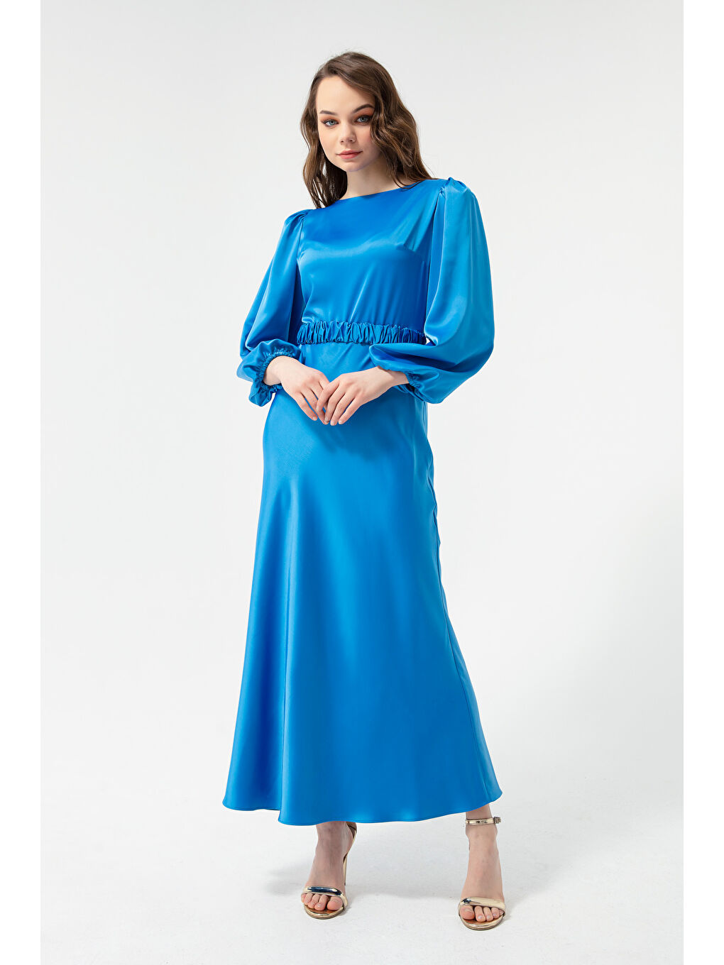 Kadın İndigo Uzun Balon Kollu Nişan Elbisesi-3