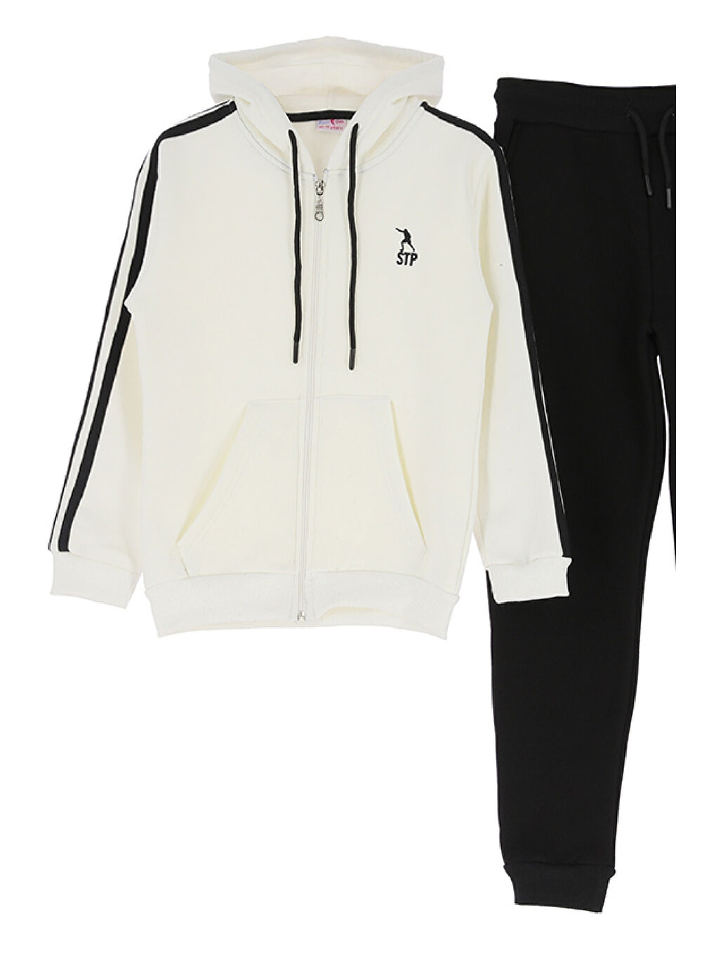 Beyaz Kız Çocuk 3 İplik-Fermuarlı-Kapüşonlu-Kanguru Cepli Eşofman Takımı 12-16 Yaş 12376-1