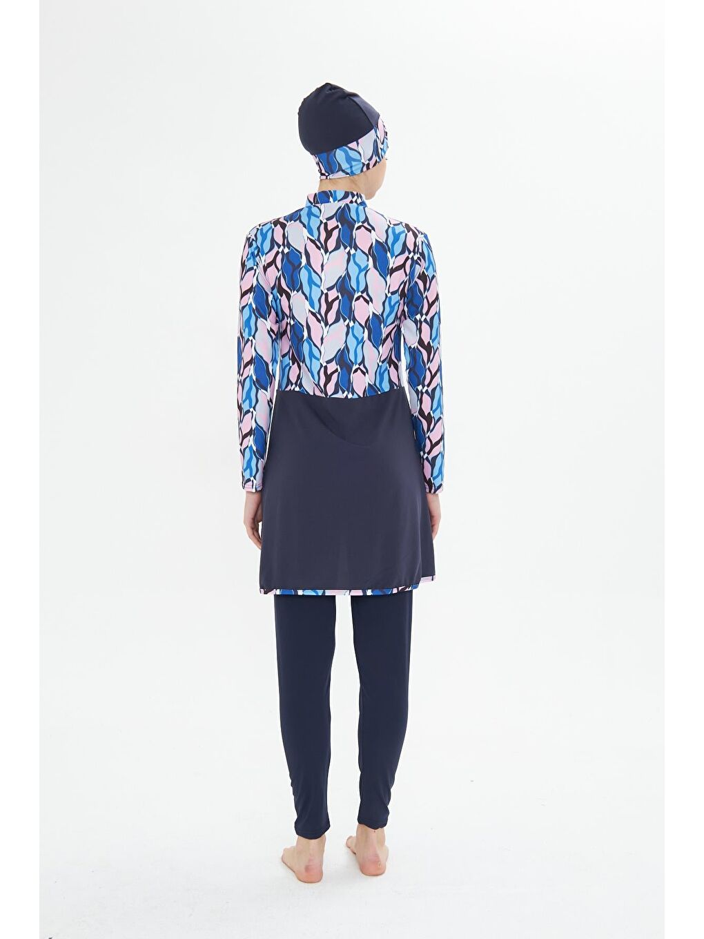 Tam Kapalı Elastanlı Desenli Etekli Tesettür Mayo Lacivert 3481-L-6