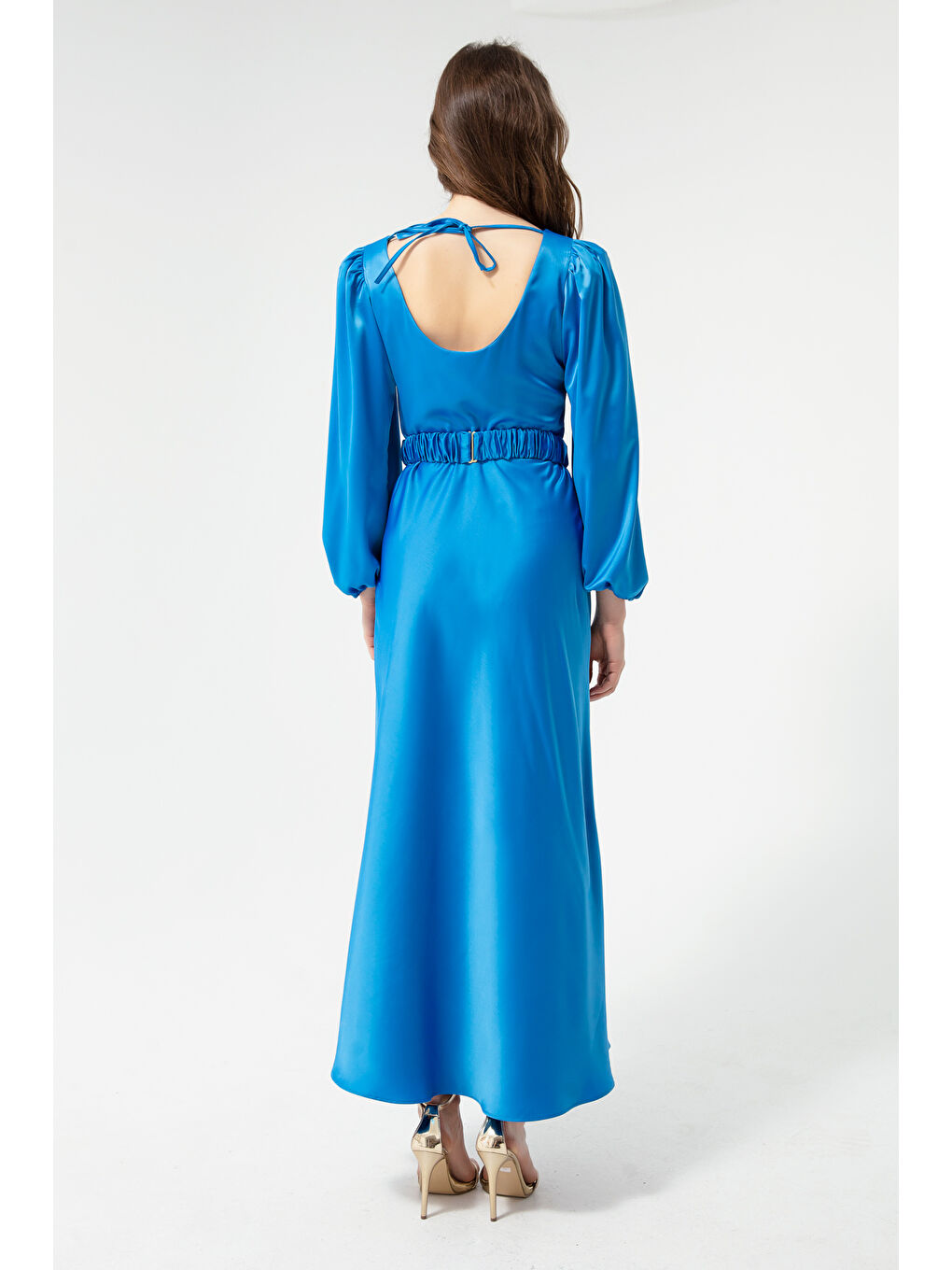 Kadın İndigo Uzun Balon Kollu Nişan Elbisesi-4