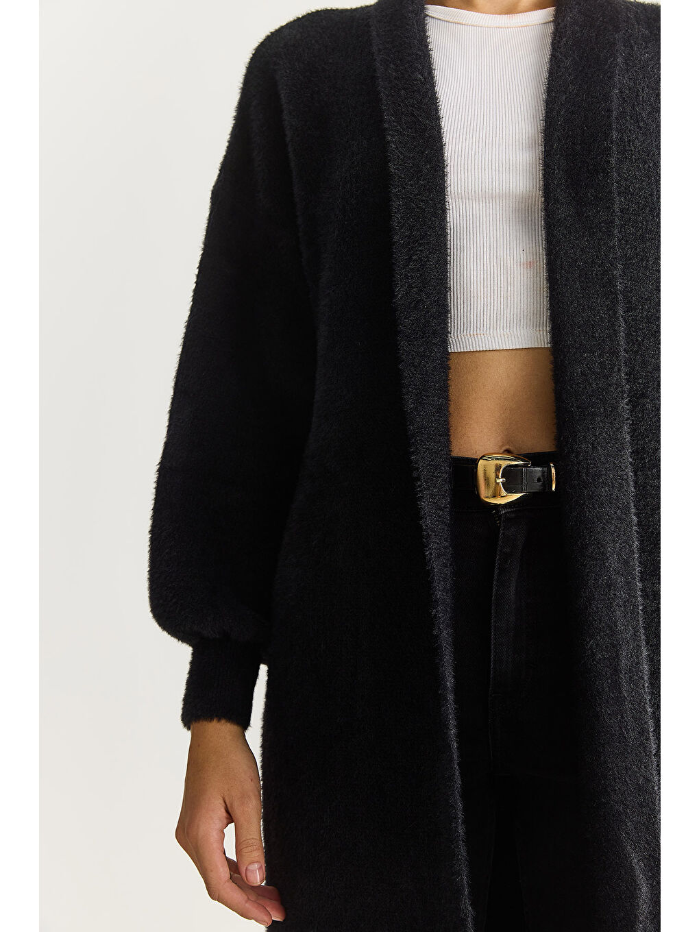 Siyah Kadın Şal Yaka Yumuşak Dokulu Sakallı Uzun Triko Yumoş Hırka TH-6