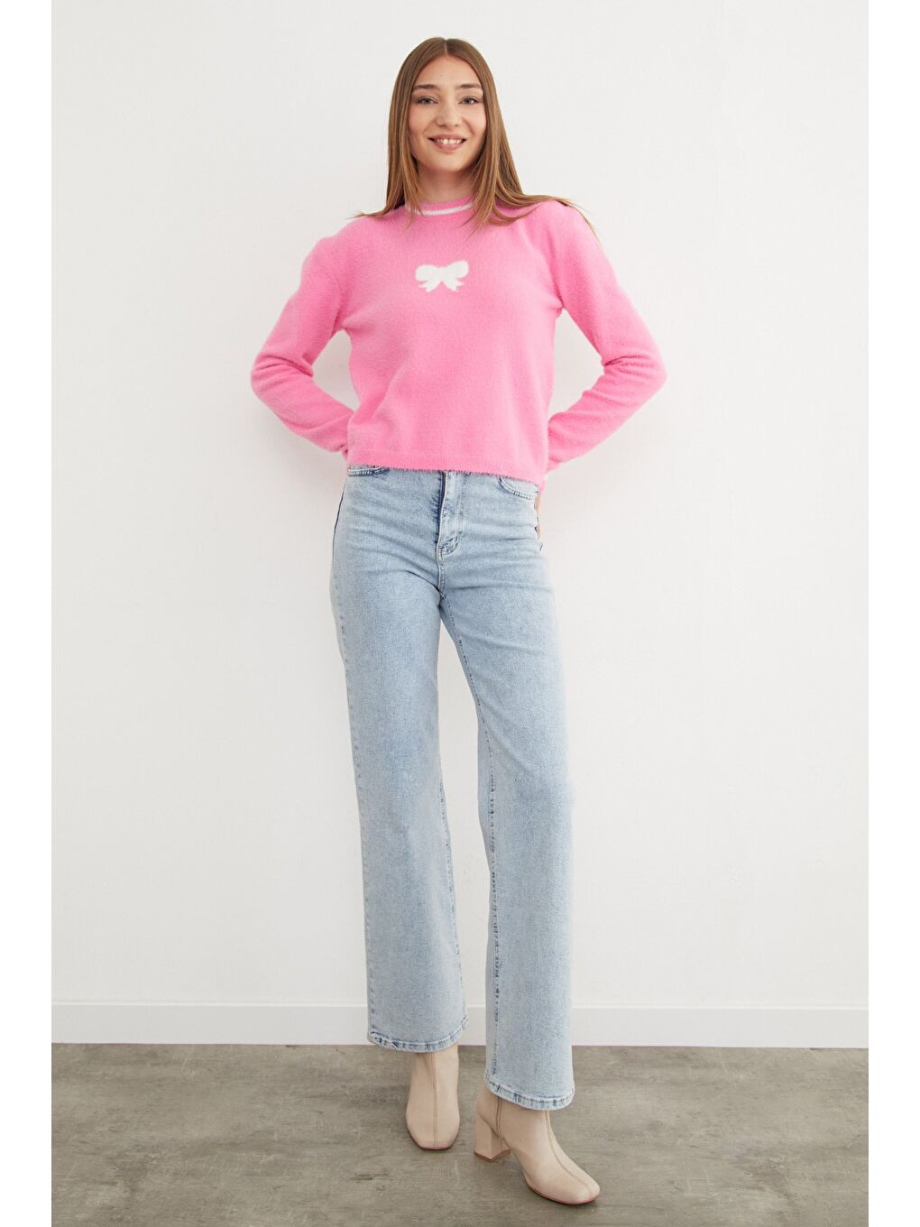 Pembe Kurdele Desenli Bisiklet Yaka Sakallı Kazak-2