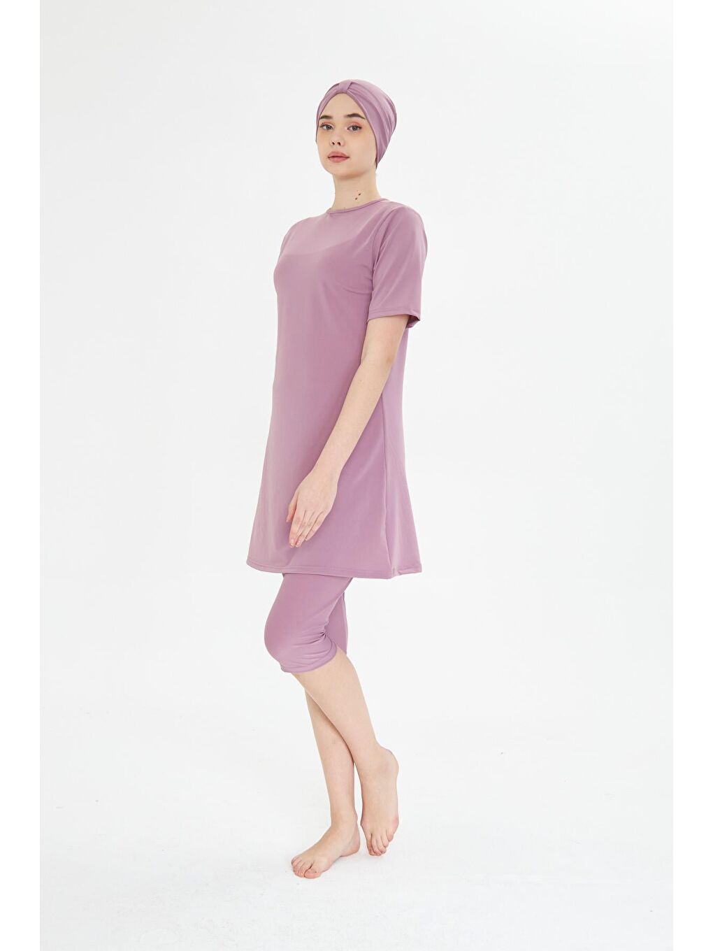 Kısa Kollu Elastanlı Yarı Kapalı Tesettür Mayo Pembe 3484-P-2