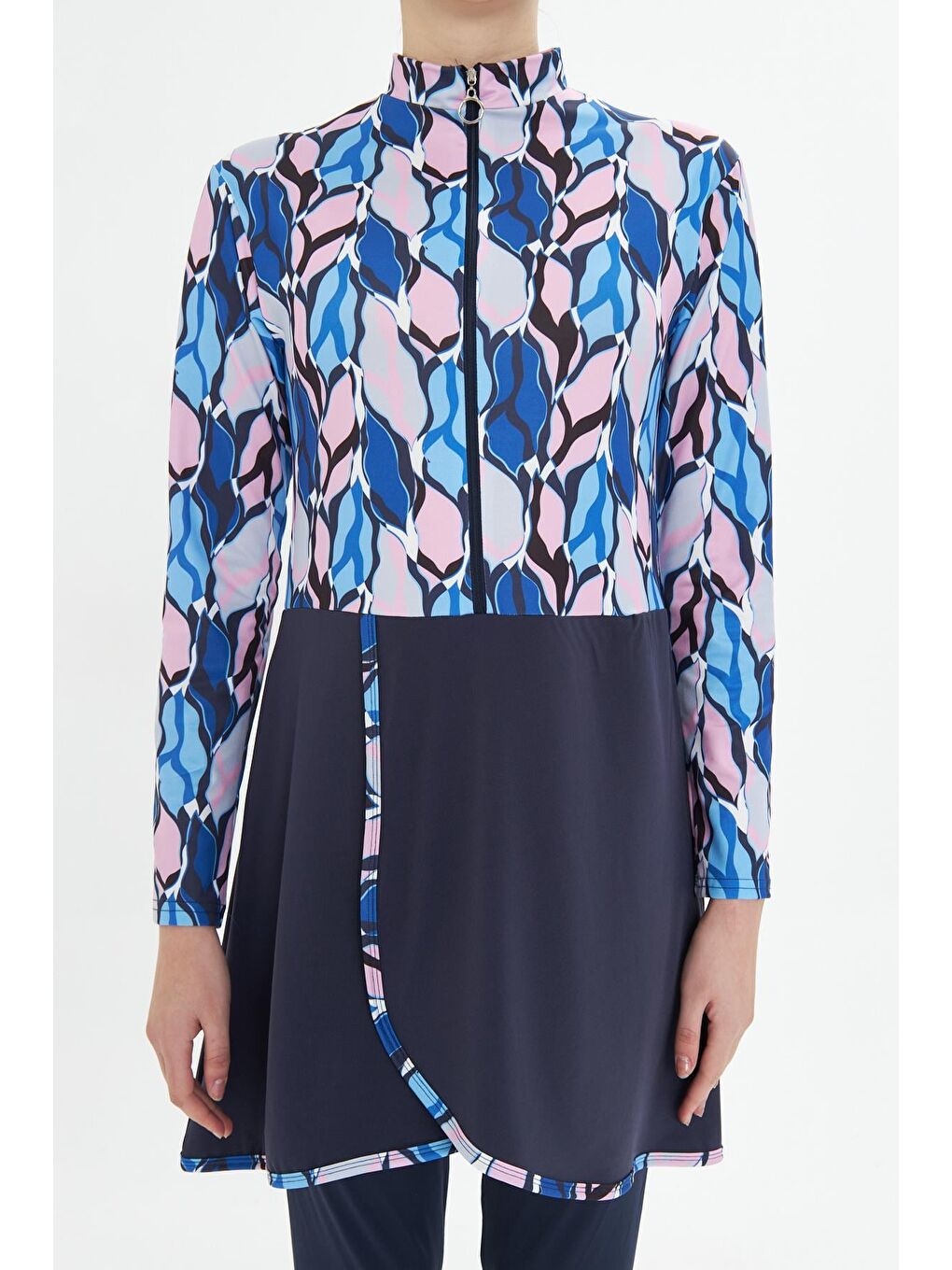 Tam Kapalı Elastanlı Desenli Etekli Tesettür Mayo Lacivert 3481-L-7