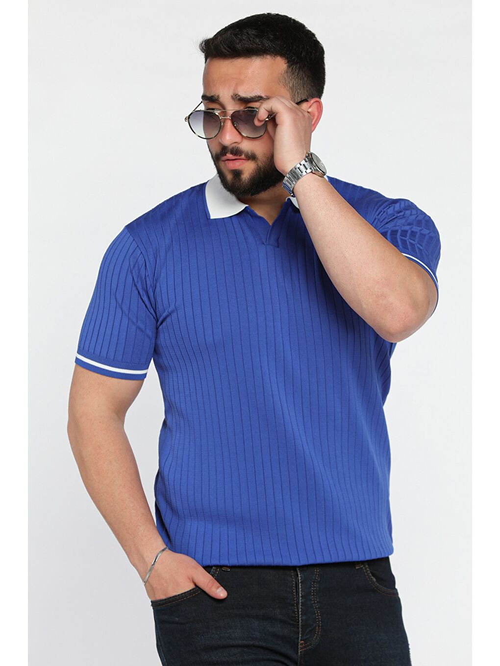 Mavi Erkek Polo Yaka Kendinden Çizgi Desenli Triko Tişört-1